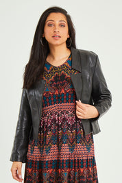 Model Terri-Leigh wearing size 14 of the Pirate and Mermaid Leather Jacket in colour Black (Black), from the front, cropped image