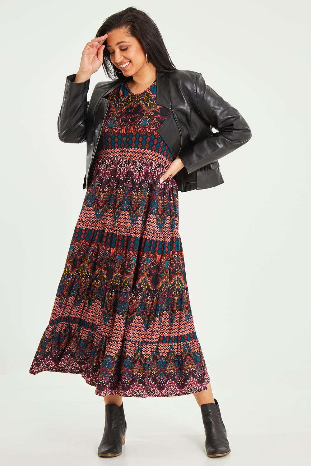 Model Terri-Leigh wearing size 14 of the Pirate and Mermaid Leather Jacket in colour Black (Black), from the front, showing the whole outfit