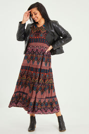 Model Terri-Leigh wearing size 14 of the Pirate and Mermaid Leather Jacket in colour Black (Black), from the front, showing the whole outfit