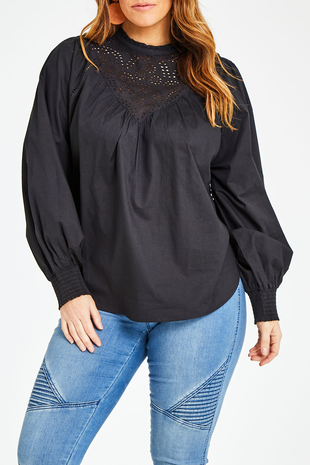 Model Laura wearing size 14 of the Lady Whistledown Blouse in colour Black (Black), from the front, cropped image