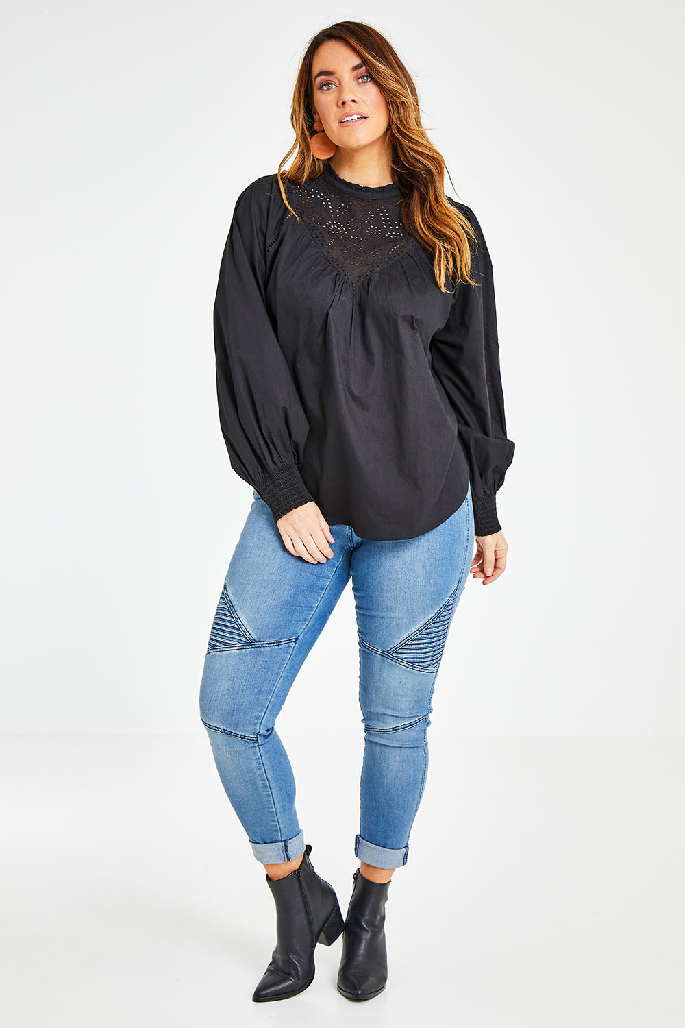 Model Laura wearing size 14 of the Lady Whistledown Blouse in colour Black (Black), from the front, showing the whole outfit