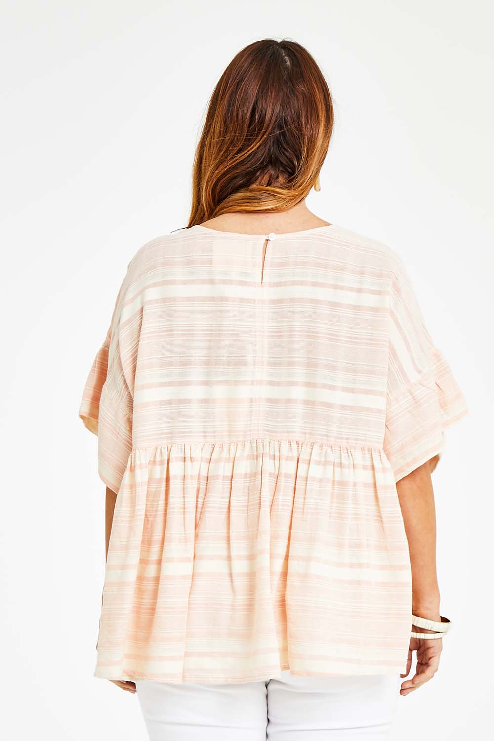 Model Laura wearing size 14 of the Perfect As You Are Stripe Top in colour Peach (Pink), from the back