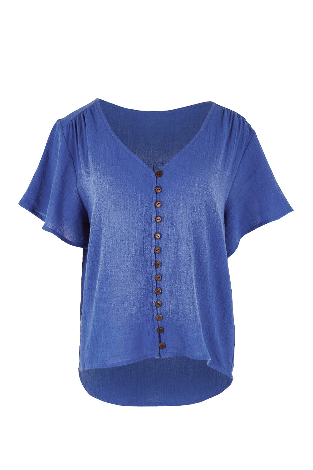 Product shot of the Cute As A Button Cotton Blouse - Blue in colour Blue, from the front