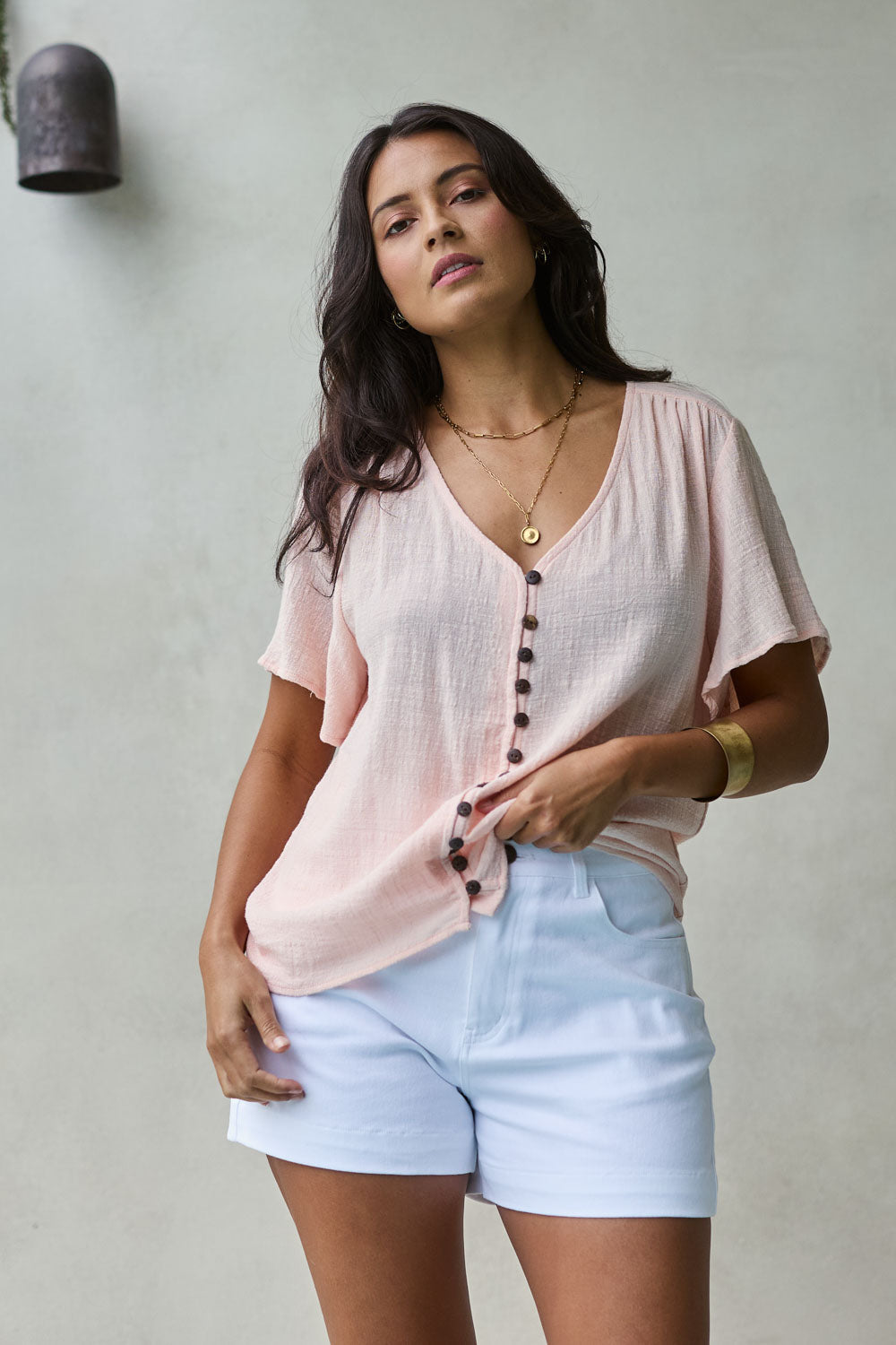 Preloved Cute As A Button Cotton Blouse - Blush