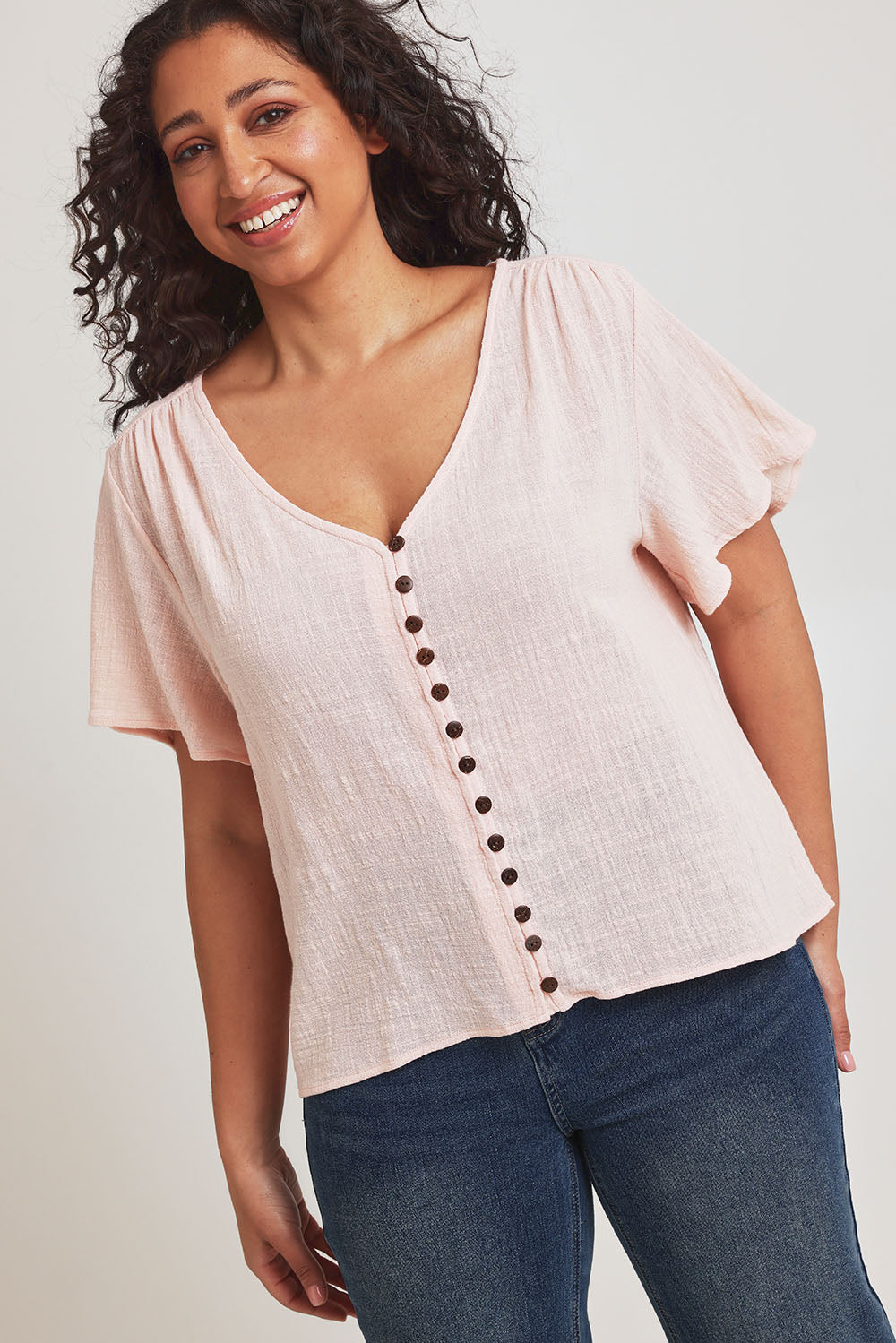 Preloved Cute As A Button Cotton Blouse - Blush