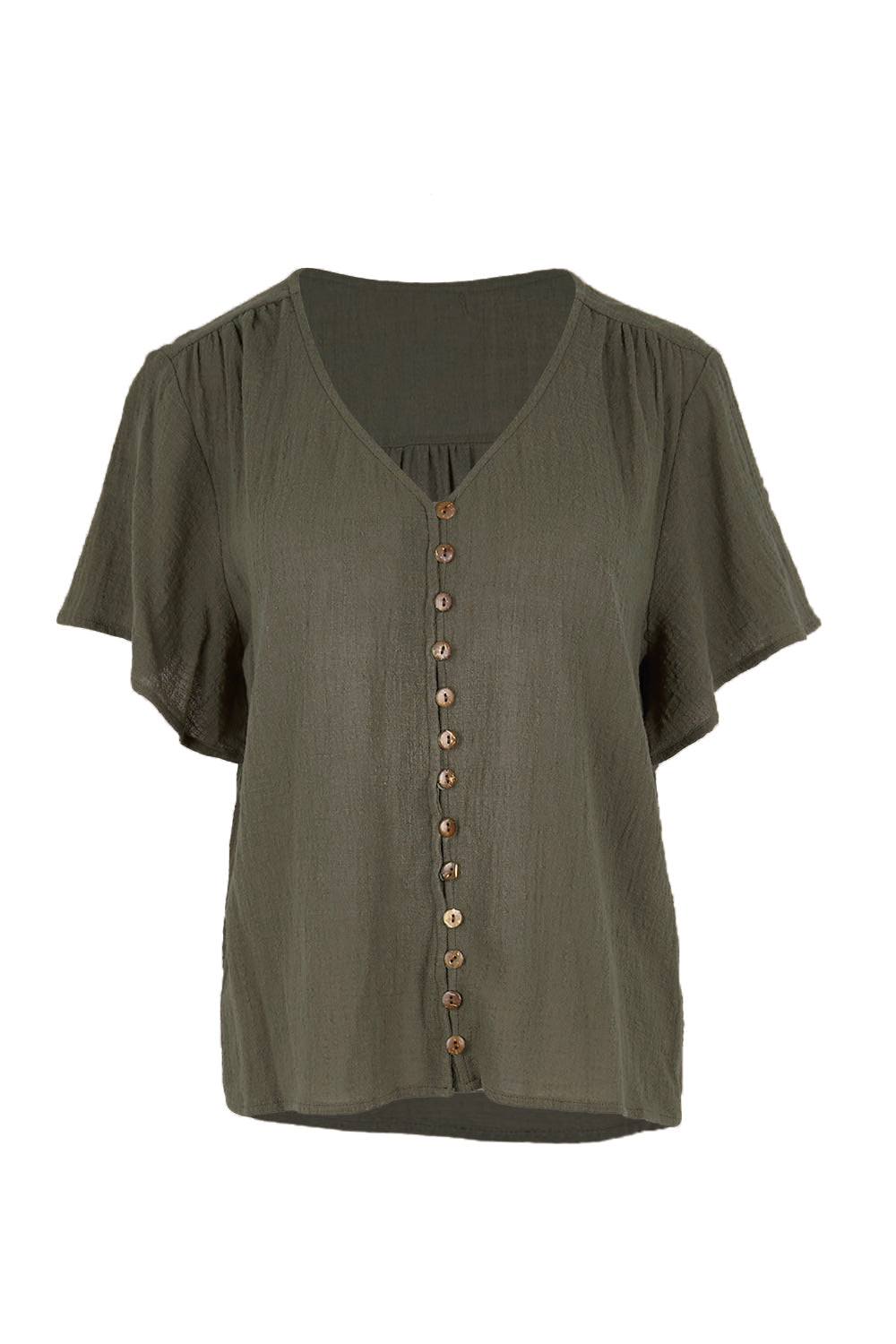 Product shot of the Cute As A Button Blouse – Forrest in colour Forrest, from the front
