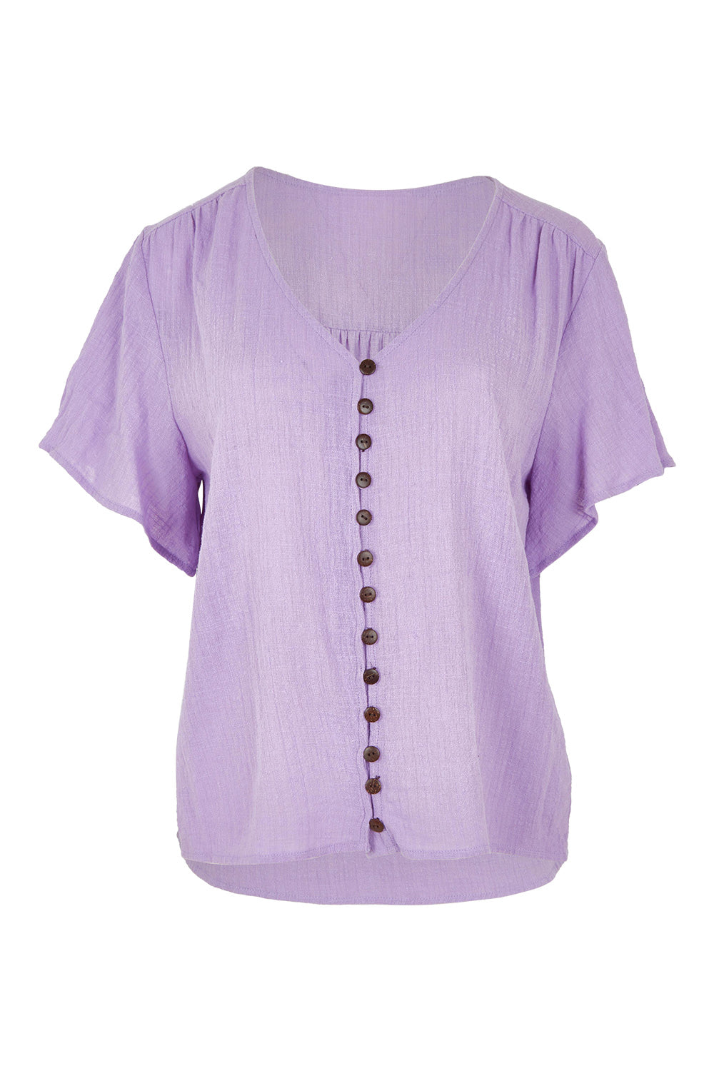 Product shot of the Cute As A Button Blouse in colour Lavender (Purple), from the front