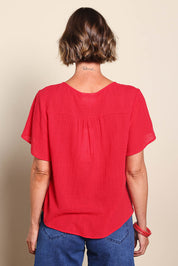 Cute As A Button Cotton Blouse - Red