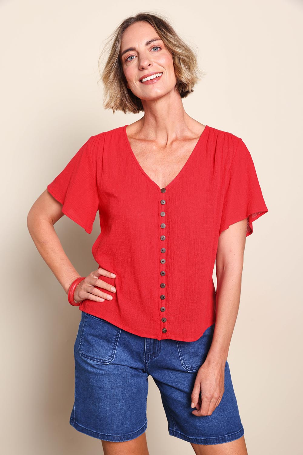 Cute As A Button Cotton Blouse - Red