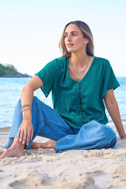 Model Tegan wearing size 10 of the Cute As A Button Blouse in colour Teal (Green), from the front, showing the whole outfit