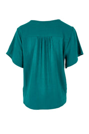 Product shot of the Cute As A Button Blouse in colour Teal (Green), from the back