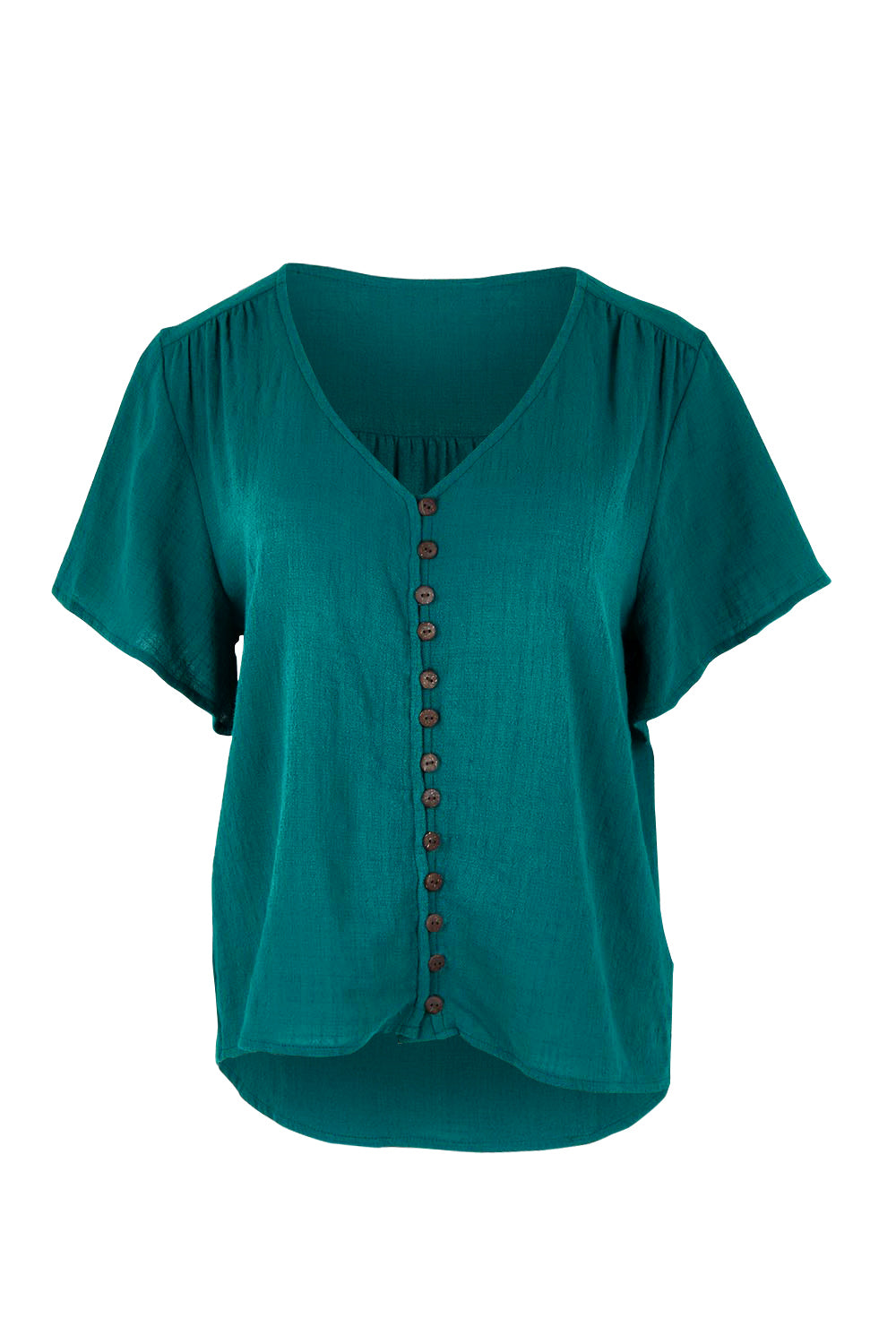 Product shot of the Cute As A Button Blouse in colour Teal (Green), from the front