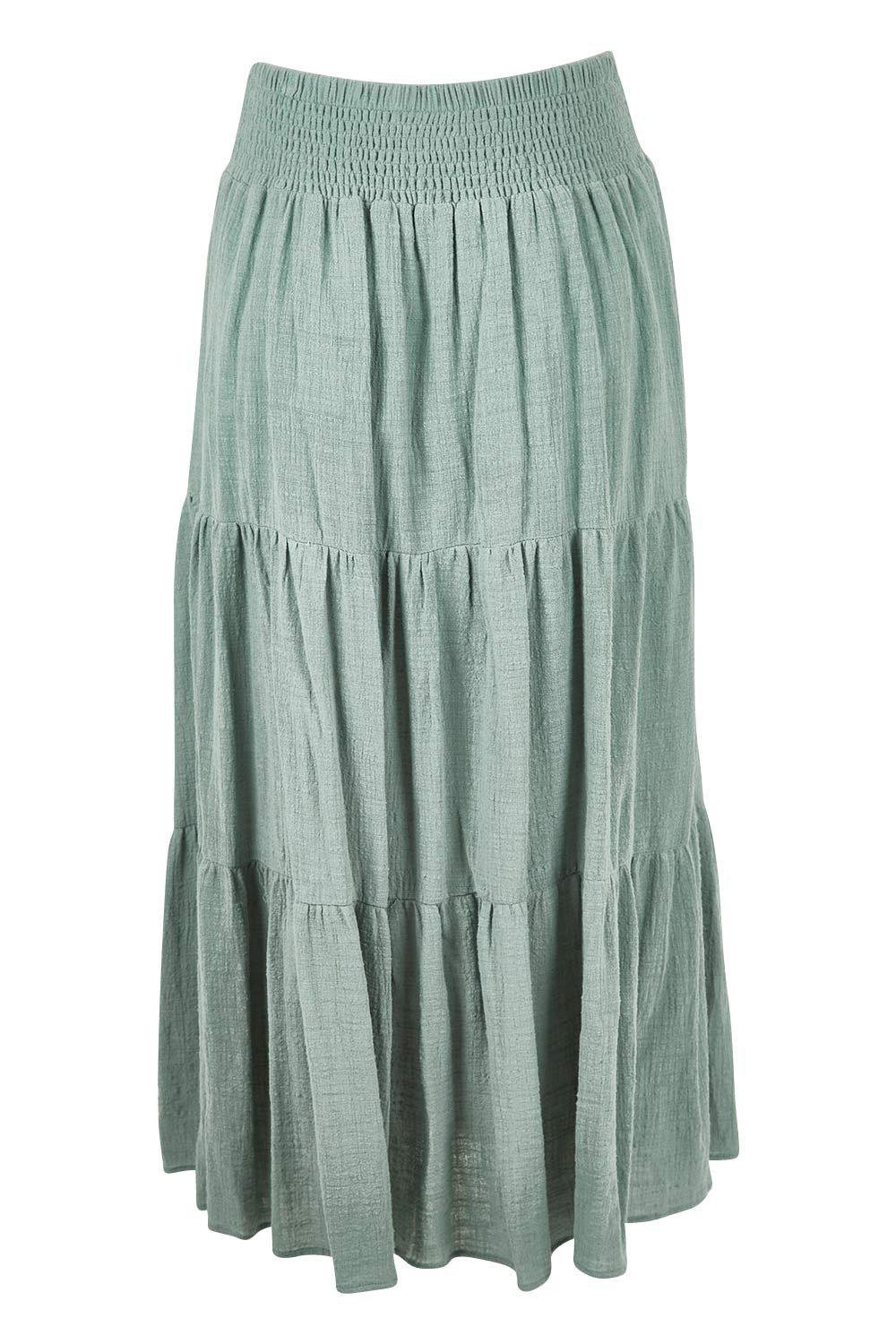 Product shot of the Cute As A Button Skirt in colour Sage (Green), from the back