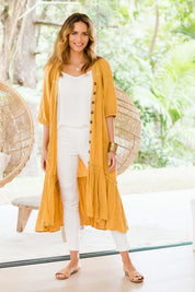 Model Ilona wearing size 10 of the Daydreaming In Sunshine Dress in colour Sunflower, from the front, showing the whole outfit