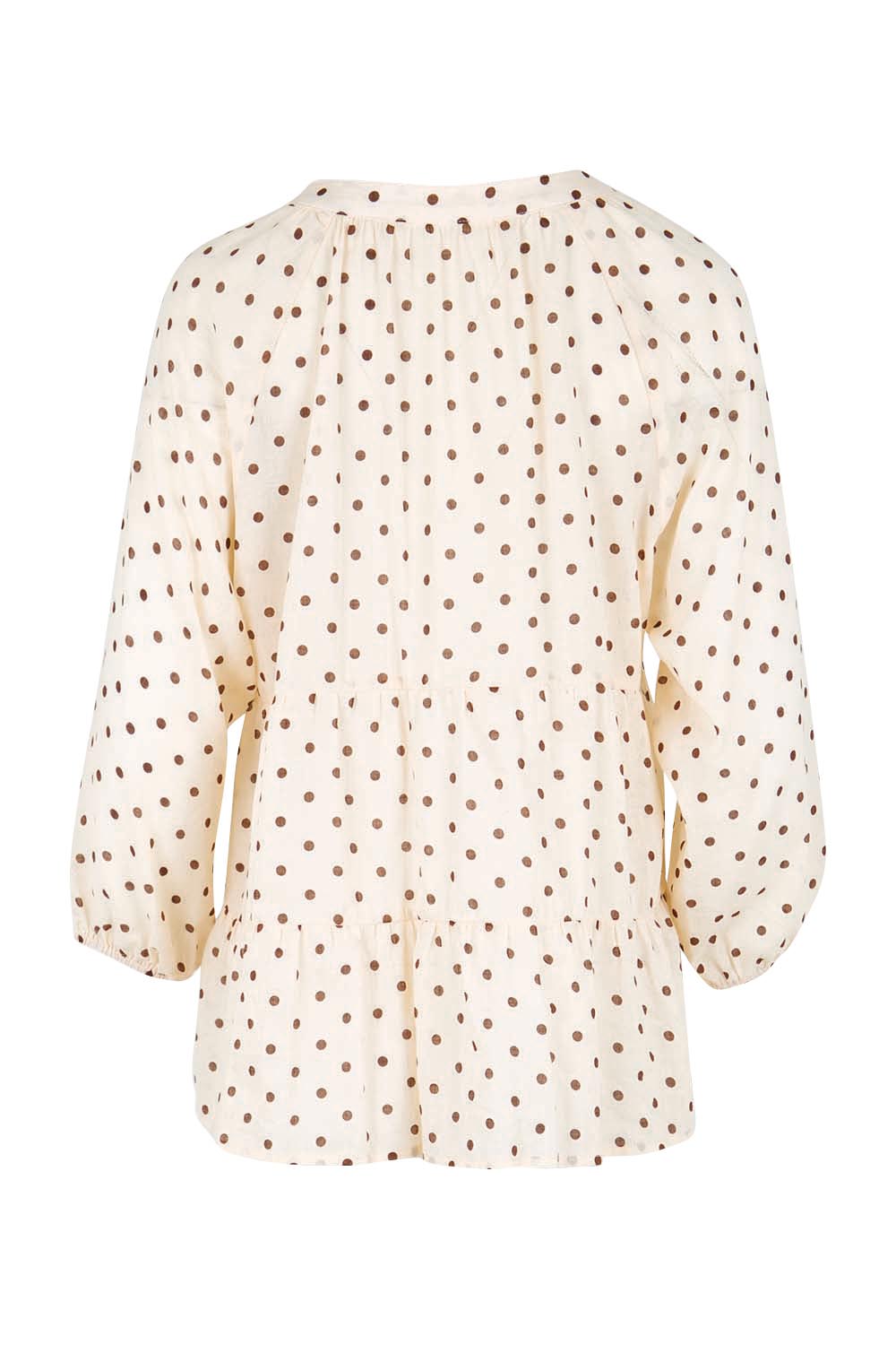 Product shot of the Cruising On By Tiered Cotton Blouse – Chocspot in colour Chocspot, from the back