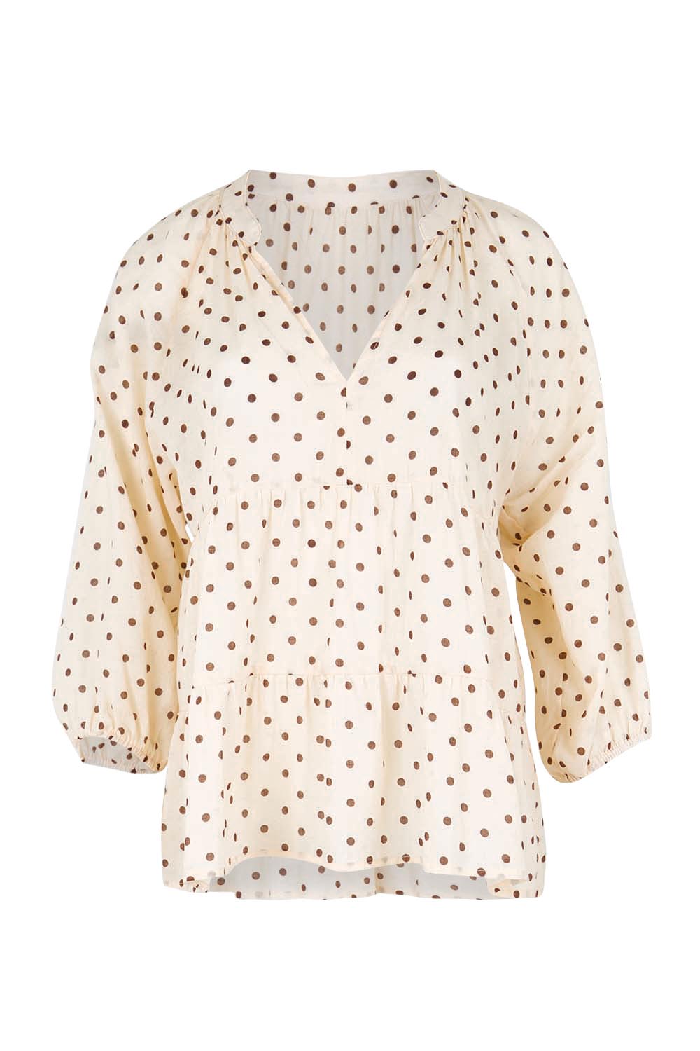 Product shot of the Cruising On By Tiered Cotton Blouse – Chocspot in colour Chocspot, from the front