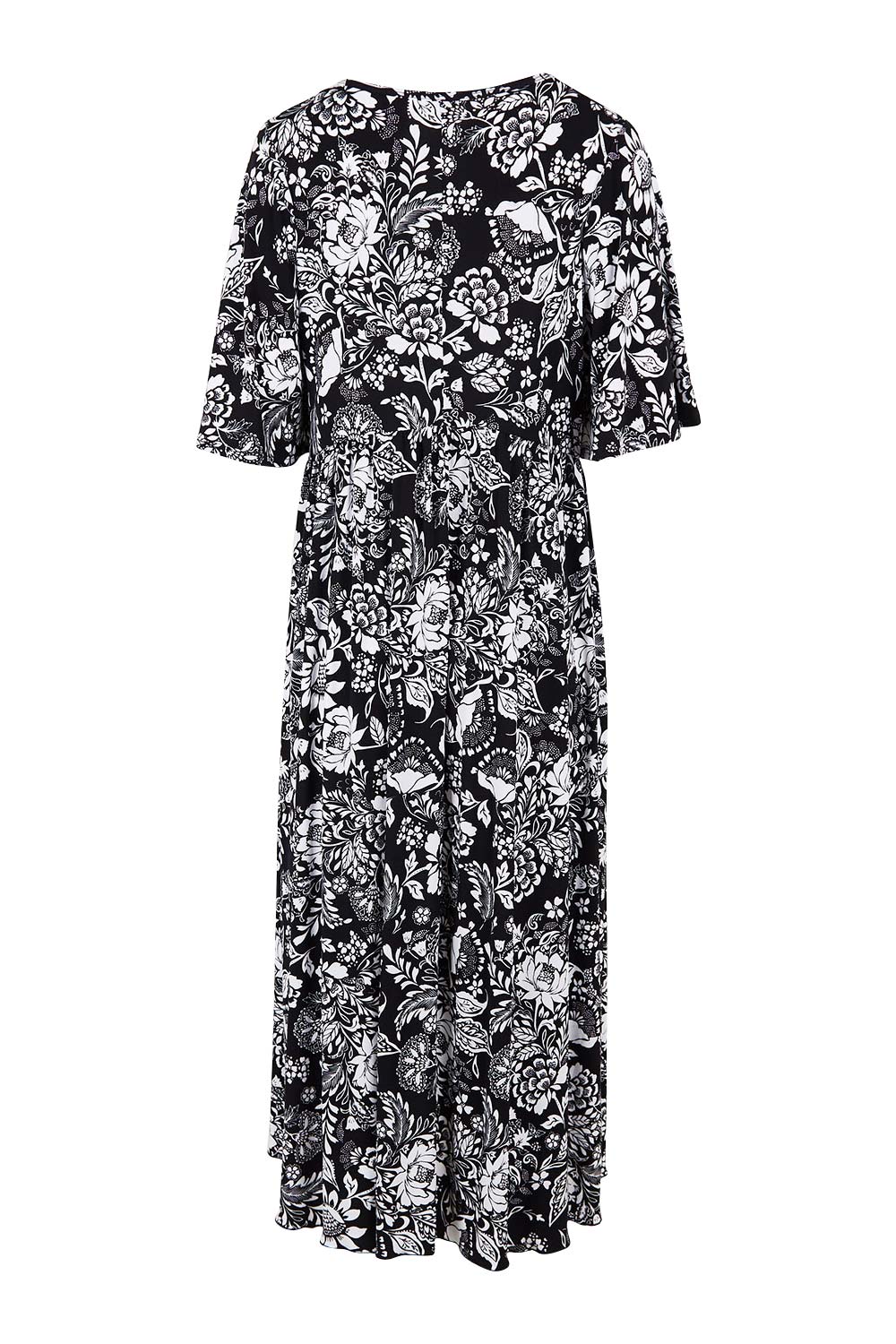 Product shot of the Swinging Hands With You Dress in colour Blackfleur (Black), from the back