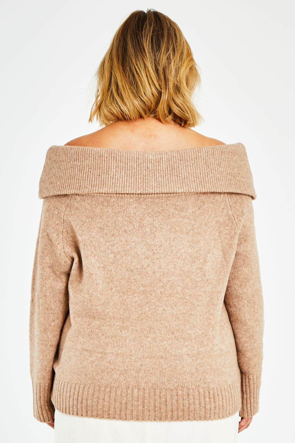 Model Jess wearing size L of the With You At My Shoulder Jumper in colour Camel, from the back