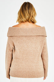 Model Jess wearing size L of the With You At My Shoulder Jumper in colour Camel, from the back