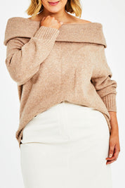 Model Jess wearing size L of the With You At My Shoulder Jumper in colour Camel, from the front, cropped image