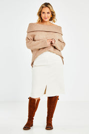 Model Jess wearing size L of the With You At My Shoulder Jumper in colour Camel, from the front, showing the whole outfit