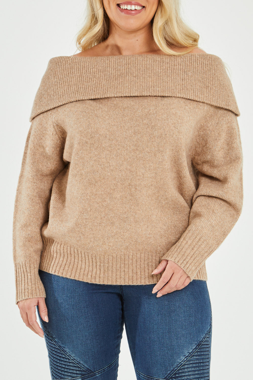 Model Katie wearing size XL of the With You At My Shoulder Jumper in colour Camel, from the front, cropped image