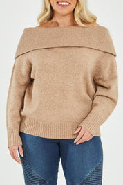 Model Katie wearing size XL of the With You At My Shoulder Jumper in colour Camel, from the front, cropped image