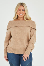 Model Katie wearing size XL of the With You At My Shoulder Jumper in colour Camel, from the front, cropped image
