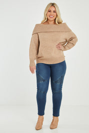 Model Katie wearing size XL of the With You At My Shoulder Jumper in colour Camel, from the front, showing the whole outfit