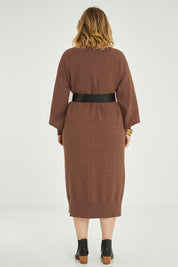Model Jess wearing size L of the Cool Order Balloon Sleeve Dress in colour Rust, from the back