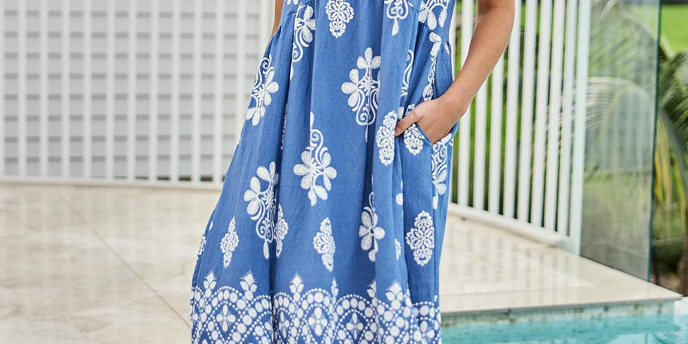 Model Tegand wearing size 10 of the Love Shack Dress - Denimfleur in colour Denimfleur, from the front