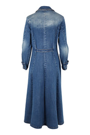 Product shot of the Meet Me At Midnight Denim Coat in colour Darkdenim (Blue), from the back