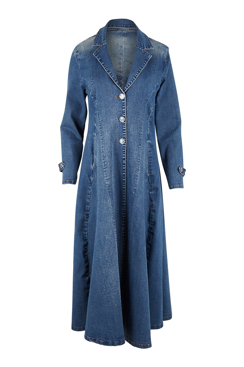 Product shot of the Meet Me At Midnight Denim Coat in colour Darkdenim (Blue), from the front
