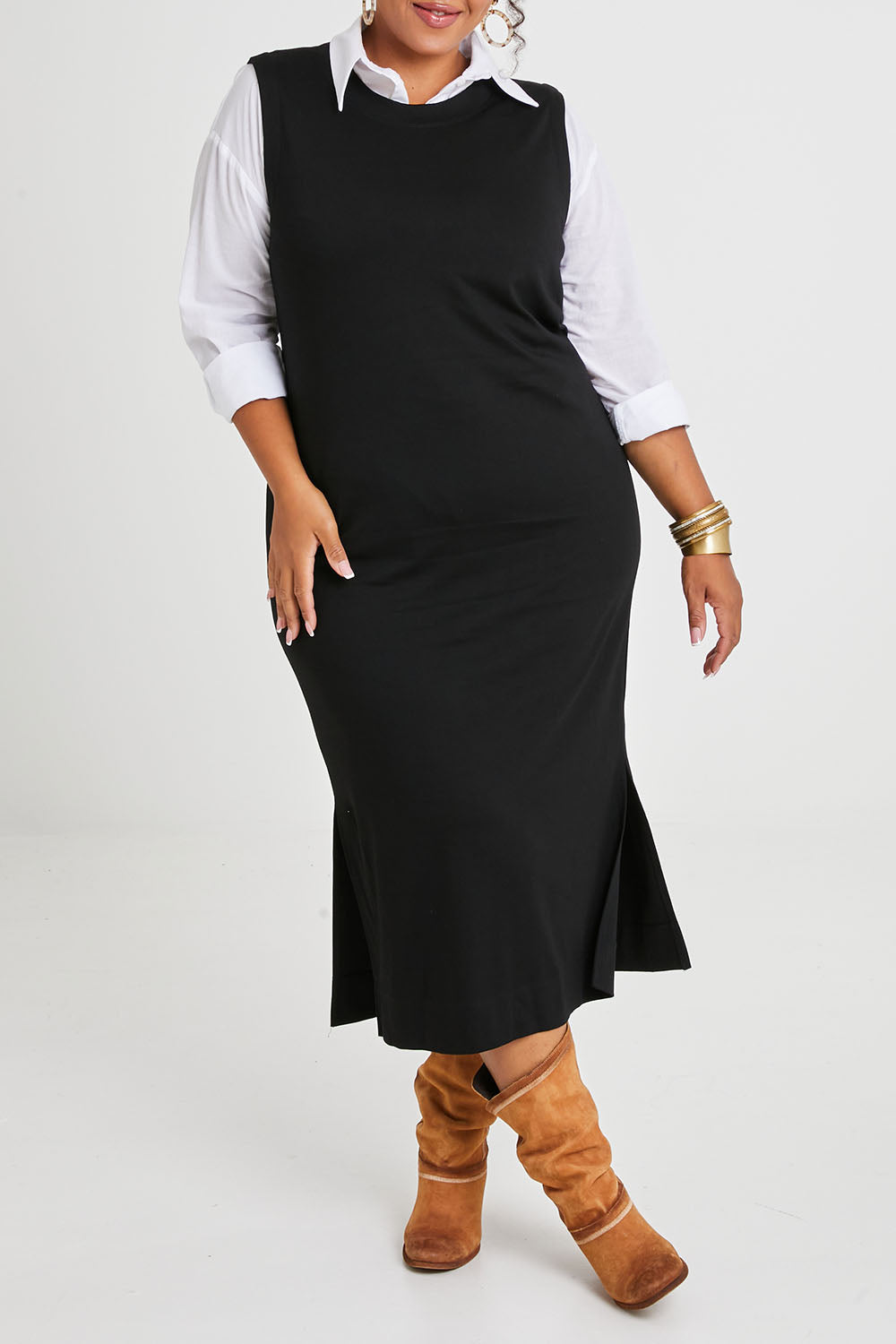 Model Alexis wearing size 16 of the Ready For Anything Tank Dress in colour Black (Black), from the front, cropped image