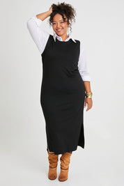 Model Alexis wearing size 16 of the Ready For Anything Tank Dress in colour Black (Black), from the front, showing the whole outfit