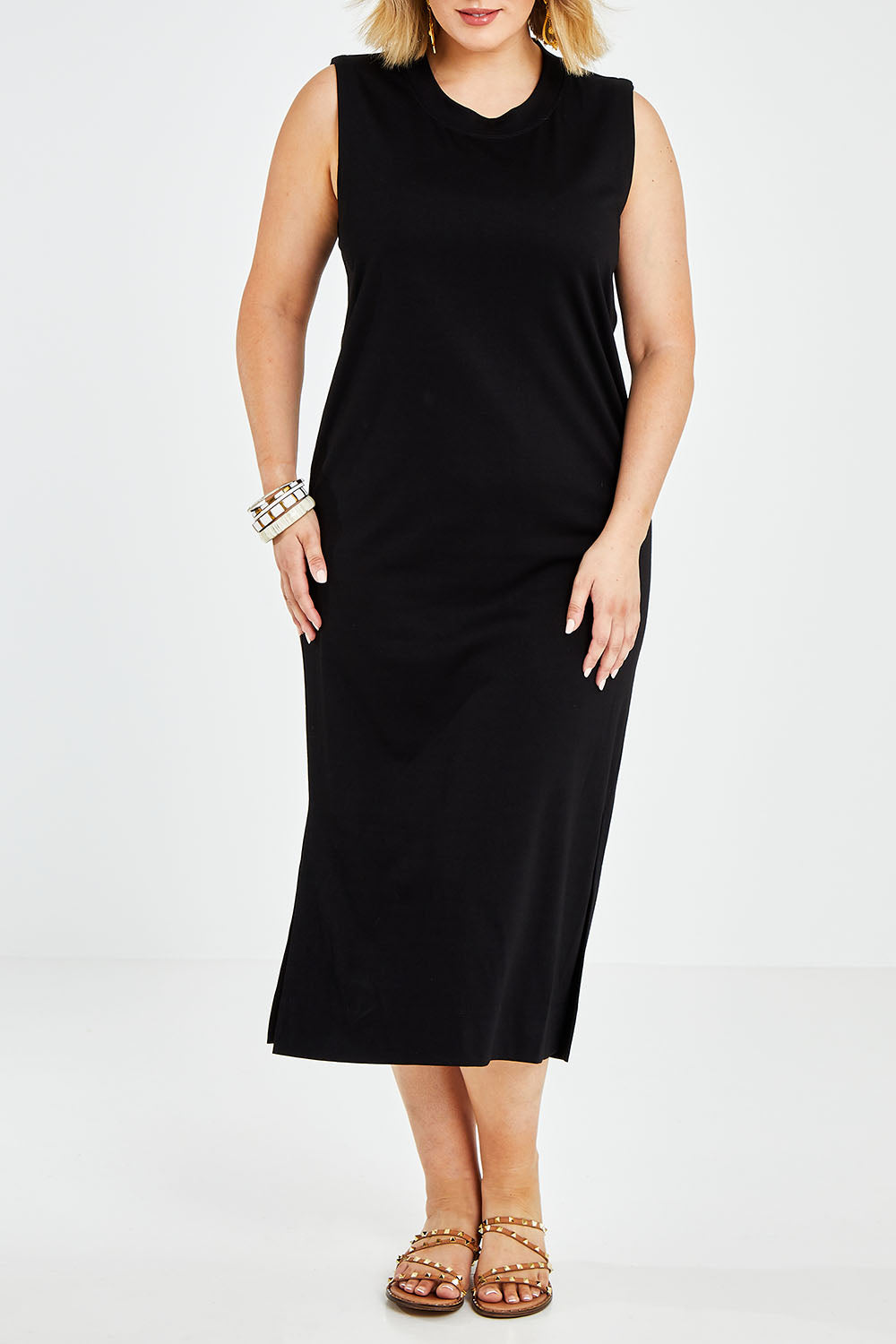 Model Jess wearing size 14 of the Ready For Anything Tank Dress in colour Black (Black), from the front, cropped image