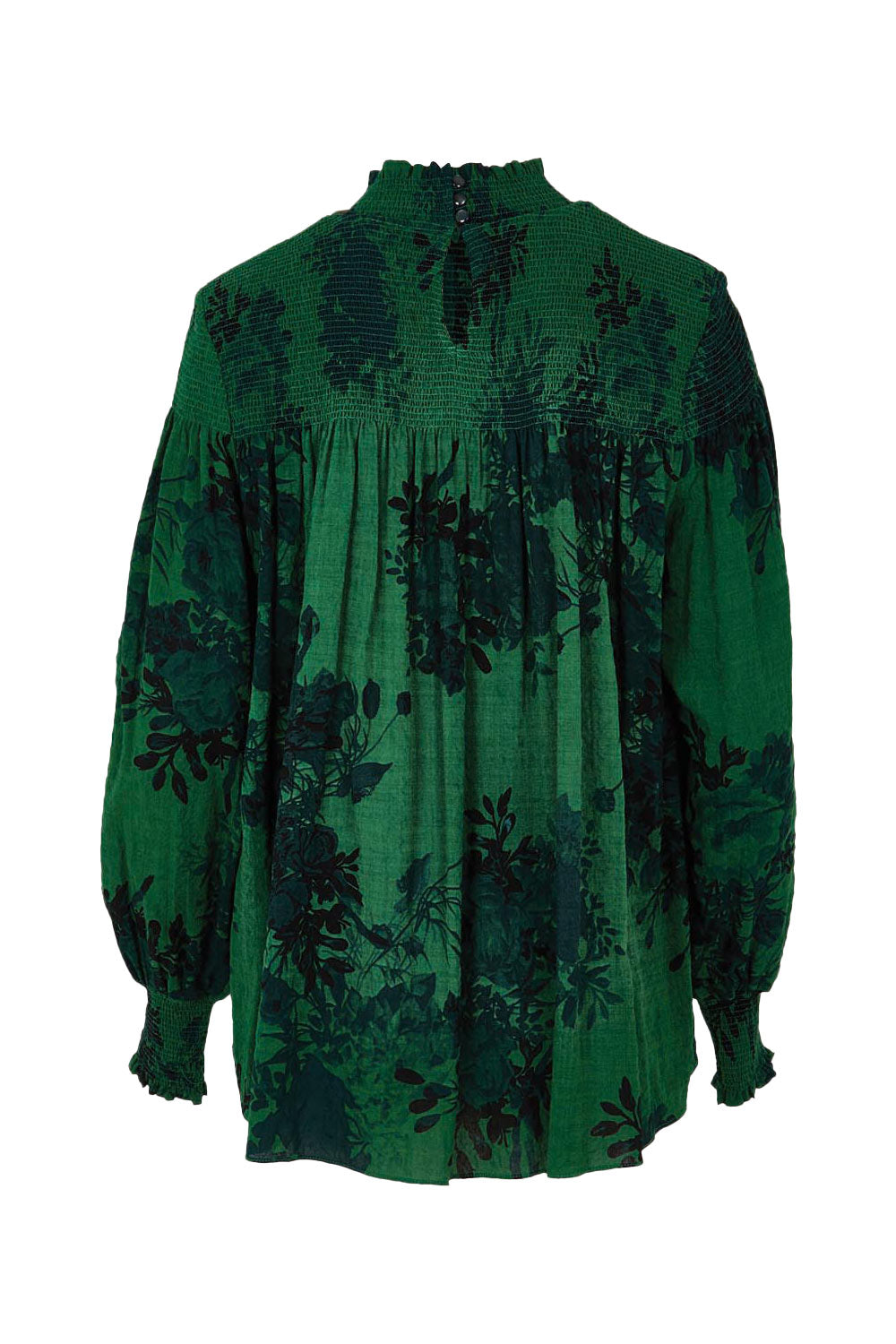 Product shot of the Romance In The Air Blouse in colour Emerald (Green), from the back