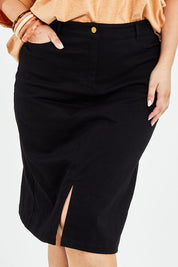 Model Jess wearing size 14 of the Hold My Hand Denim Skirt in colour Black (Black), from the front, cropped image