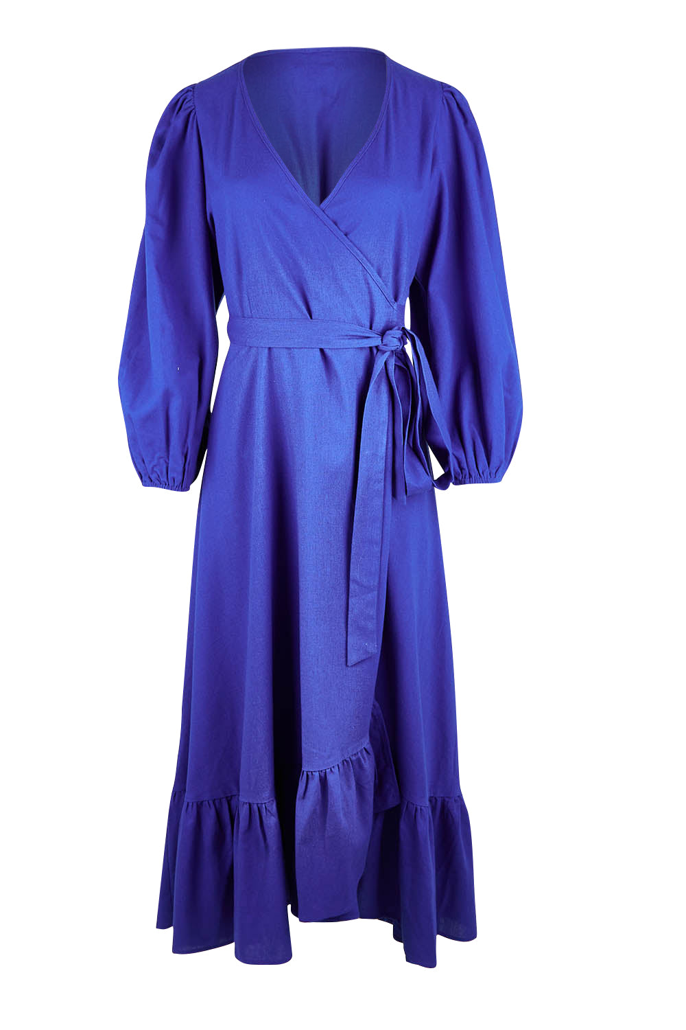 Product shot of the La Dolce Vita Linen Wrap Maxi in colour Sapphire (Blue), from the front