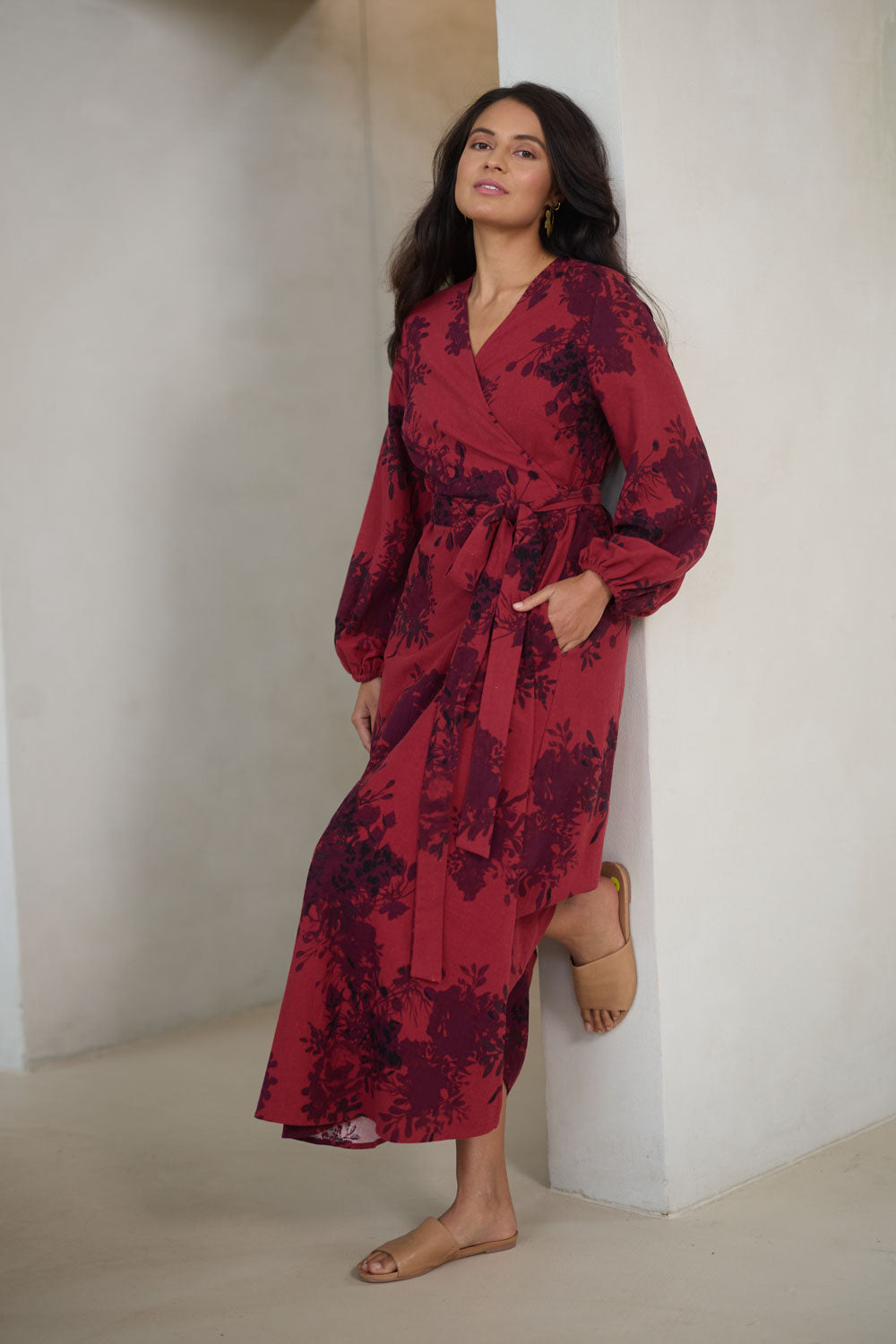 Model Tahnee wearing size 10 of the Wrap Me Up In Cotton Maxi Dress in colour Shiraz (Purple), from the front, showing the whole outfit