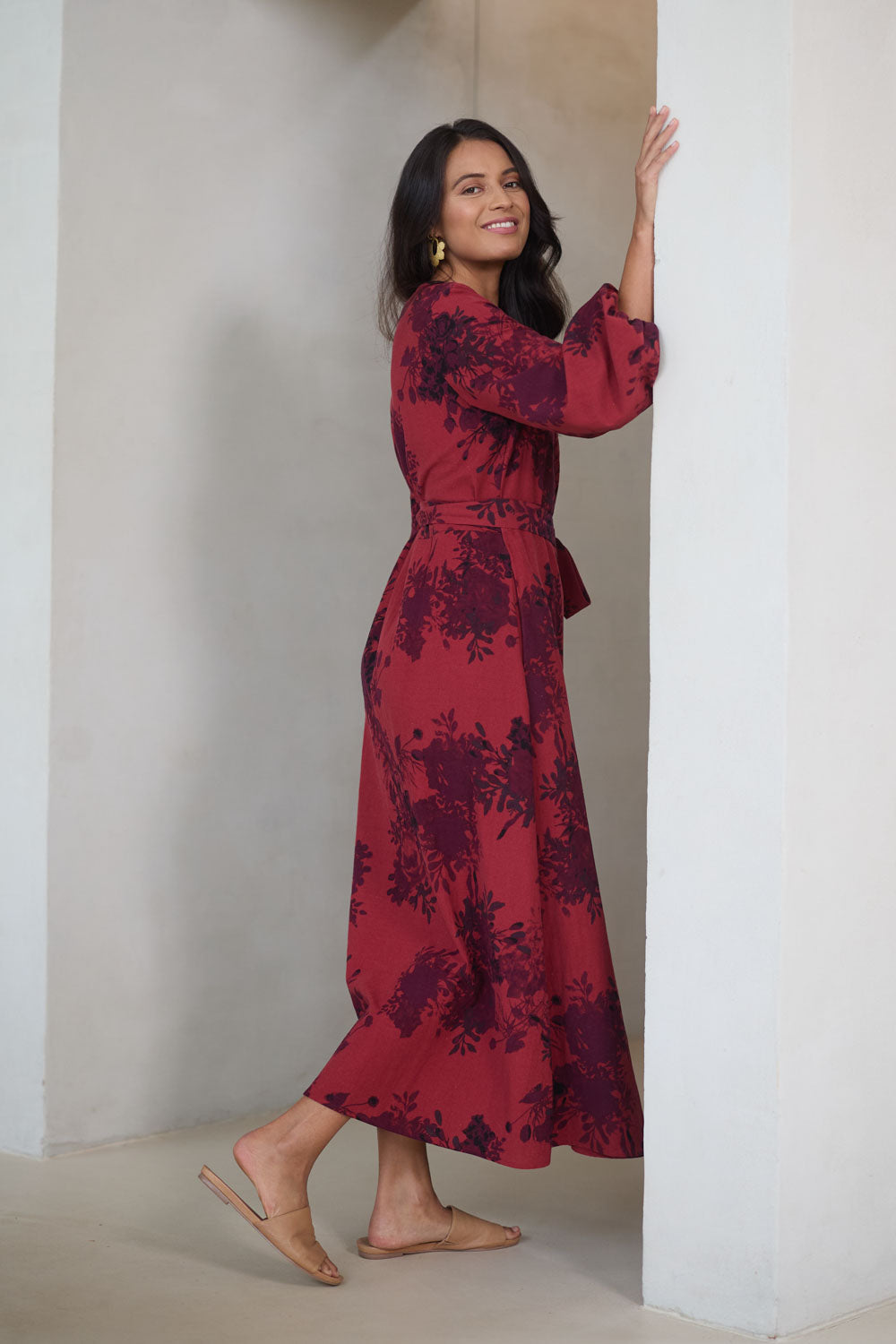 Model Tahnee wearing size 10 of the Wrap Me Up In Cotton Maxi Dress in colour Shiraz (Purple), from the front, showing the whole outfit