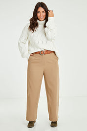 Model Laura wearing size 14 of the All For Love Pants in colour Camel, from the front, showing the whole outfit