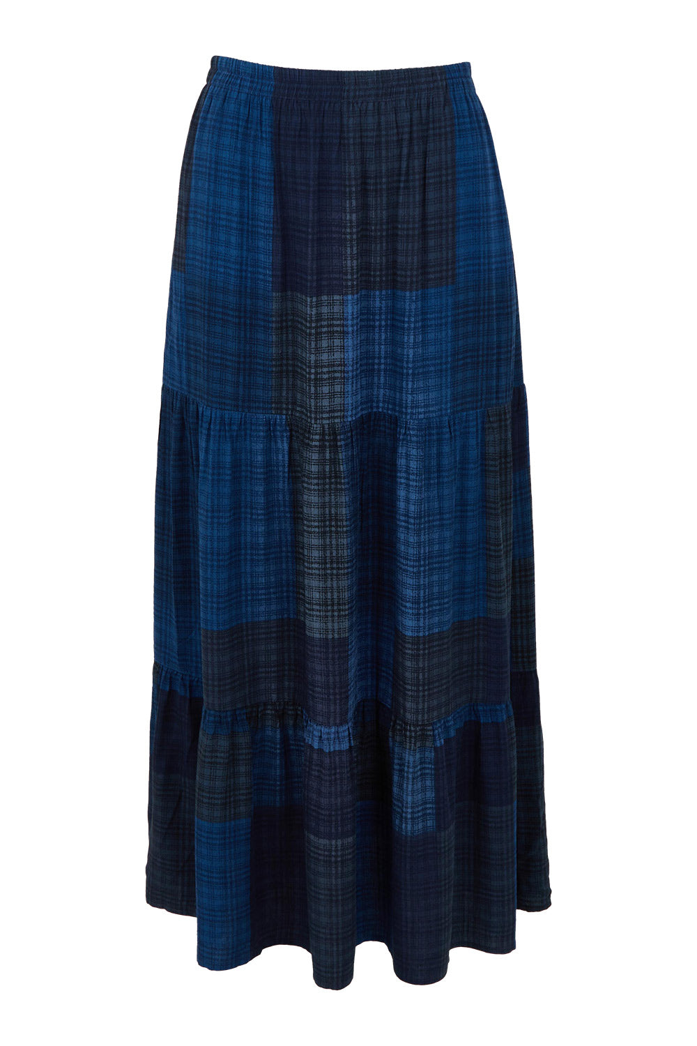 Product shot of the Chasing Sunsets Skirt in colour Bluecheck (Blue), from the front