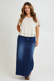 Model Laura wearing size 14 of the Short And Sweet Bamboo Layered Tee in colour Natural, from the front, showing the whole outfit