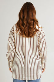 Model Laura wearing size 14 of the Relaxed Elegance Boyfriend Shirt in colour Chocstripe, from the back