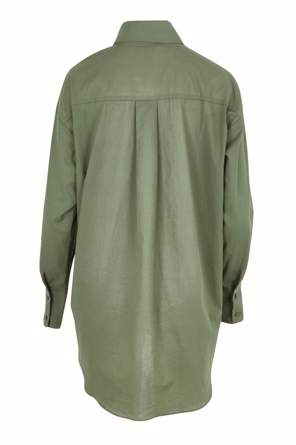 Product shot of the Relaxed Elegance Boyfriend Shirt in colour Khaki (Green), from the back