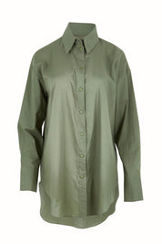 Product shot of the Relaxed Elegance Boyfriend Shirt in colour Khaki (Green), from the front