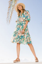 Model Tegan wearing size 10 of the Sweet As Sugar Dress in colour Fleurblue (Blue), from the front, showing the whole outfit