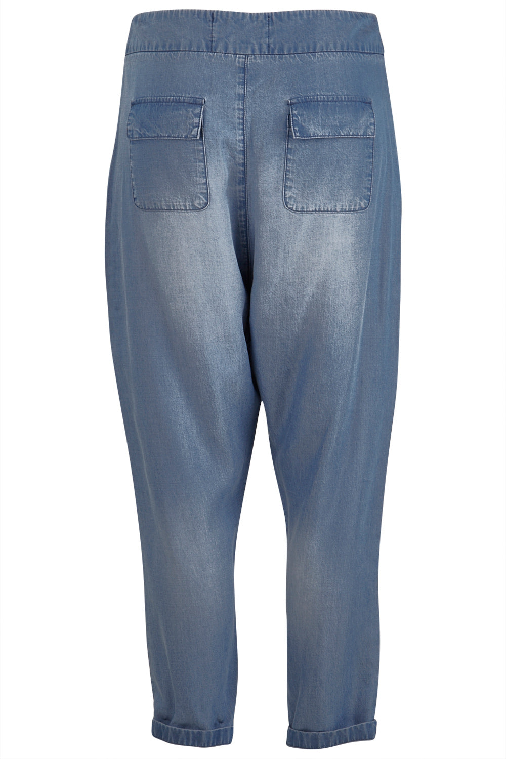 Product shot of the With My Tribe Pants in colour Denim (Blue), from the back
