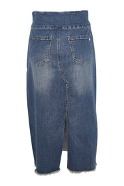 Product shot of the Easy As Pull On Denim Skirt in colour Darkdenim (Blue), from the back